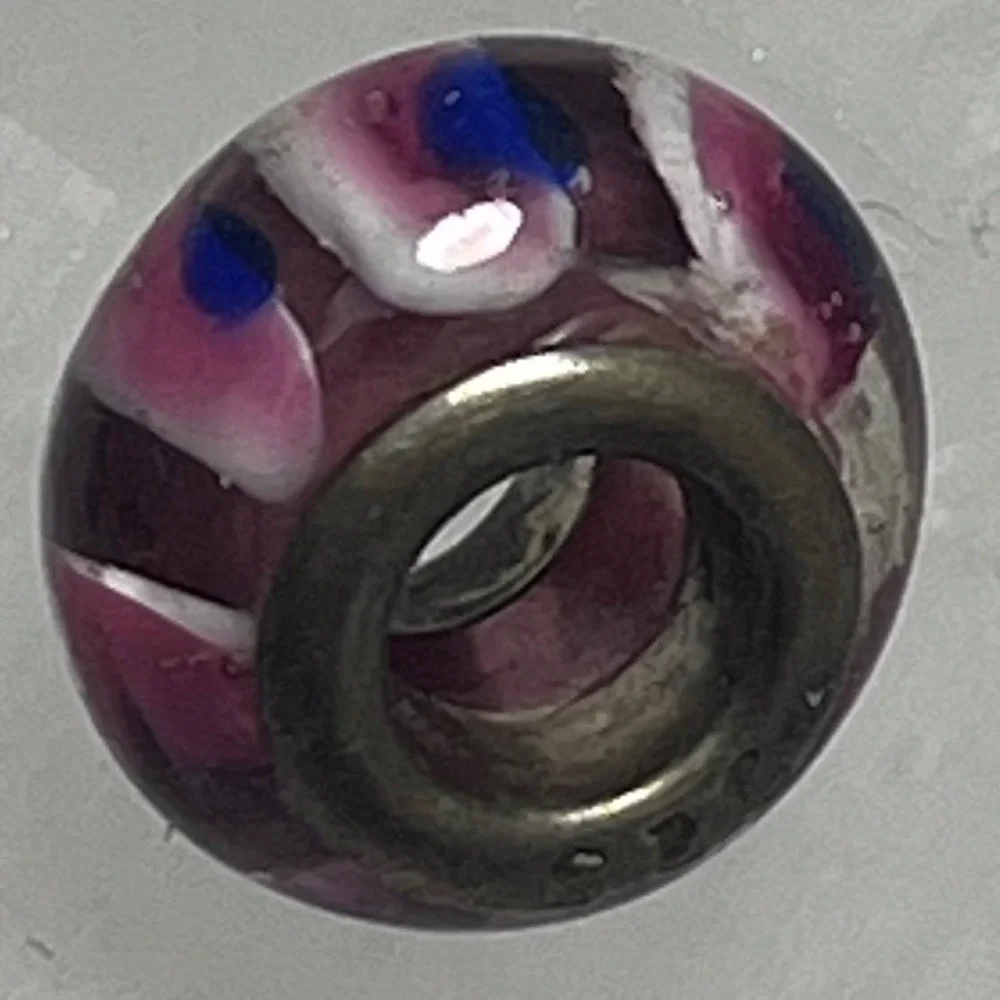 Sterling Glass Bead Lampwork Murano Style Pink White Blue Stripes Charm Necklace